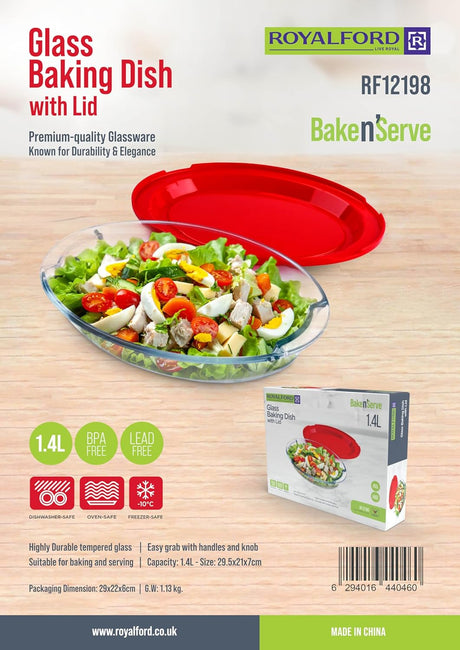 ROYALFORD Glass Baking Dish with Lid 1.4 Liter, 29.5cm*21cm*7cm Oval Shape - RF 12198 - Al Kabayel Discount CentreROYALFORD Glass Baking Dish with Lid 1.4 Liter, 29.5cm*21cm*7cm Oval Shape - RF 12198Food ContainersROYALFORDAl Kabayel Discount Centre