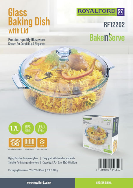 ROYALFORD Glass Baking Dish with Lid 1.7 Liter, 25cm*20.5cm*12cm - RF 12202 - Al Kabayel Discount CentreROYALFORD Glass Baking Dish with Lid 1.7 Liter, 25cm*20.5cm*12cm - RF 12202Food ContainersROYALFORDAl Kabayel Discount Centre