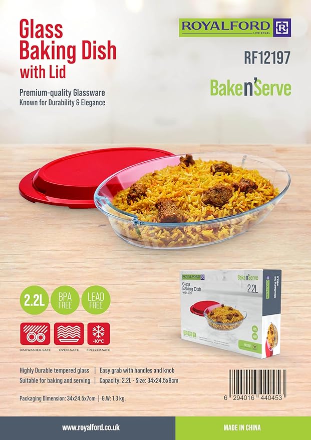 ROYALFORD Glass Baking Dish with Lid 2.2 Liter, 34cm*24.5cm*8cm Oval Shape - RF 12197 - Al Kabayel Discount CentreROYALFORD Glass Baking Dish with Lid 2.2 Liter, 34cm*24.5cm*8cm Oval Shape - RF 12197Food ContainersROYALFORDAl Kabayel Discount Centre