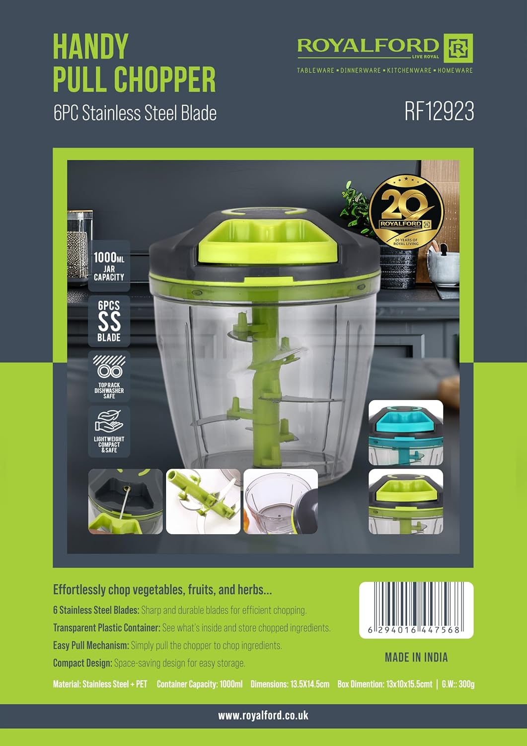 Royalford Handy Pull Chopper 1000ml, 6pcs SS Bladde, Manual Food Processor Vegetable Chopper, Green - RF12923 - Al Kabayel Discount CentreRoyalford Handy Pull Chopper 1000ml, 6pcs SS Bladde, Manual Food Processor Vegetable Chopper, Green - RF12923Kitchen Utensils & GadgetsROYALFORDAl Kabayel Discount Centre