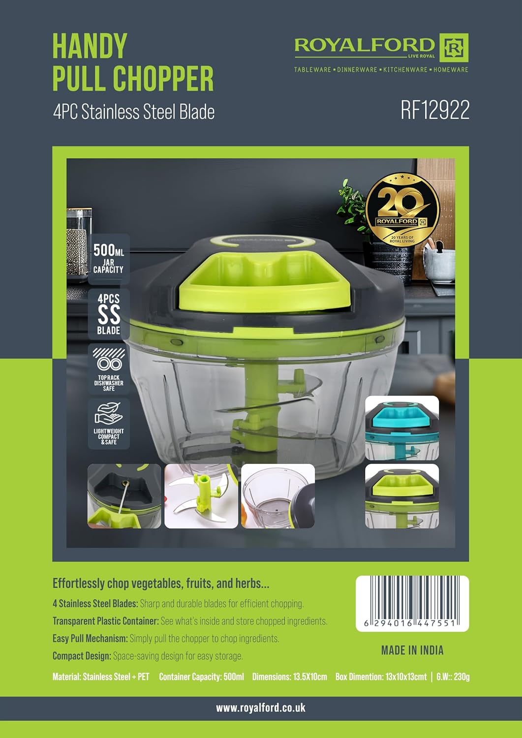 Royalford Handy Pull Chopper 500ml, 4pcs SS Bladde, Manual Food Processor Vegetable Chopper, Teal - RF12922 - Al Kabayel Discount CentreRoyalford Handy Pull Chopper 500ml, 4pcs SS Bladde, Manual Food Processor Vegetable Chopper, Teal - RF12922Kitchen Utensils & GadgetsROYALFORDAl Kabayel Discount Centre