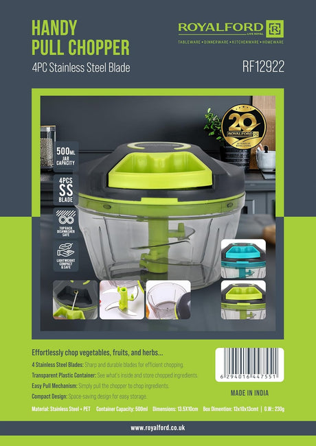 Royalford Handy Pull Chopper 500ml, 4pcs SS Bladde, Manual Food Processor Vegetable Chopper, Teal - RF12922 - Al Kabayel Discount CentreRoyalford Handy Pull Chopper 500ml, 4pcs SS Bladde, Manual Food Processor Vegetable Chopper, Teal - RF12922Kitchen Utensils & GadgetsROYALFORDAl Kabayel Discount Centre