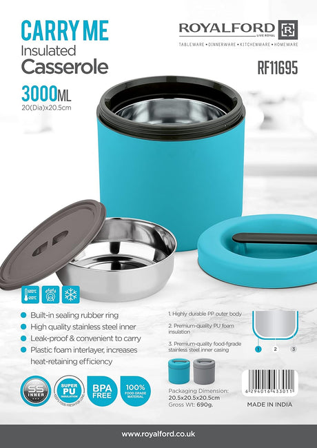 ROYAlFORD Insulated Casserole Lunch Box 3000ml, Blue - RF11695 - Al Kabayel Discount CentreROYAlFORD Insulated Casserole Lunch Box 3000ml, Blue - RF11695Food ContainersROYALFORDAl Kabayel Discount Centre