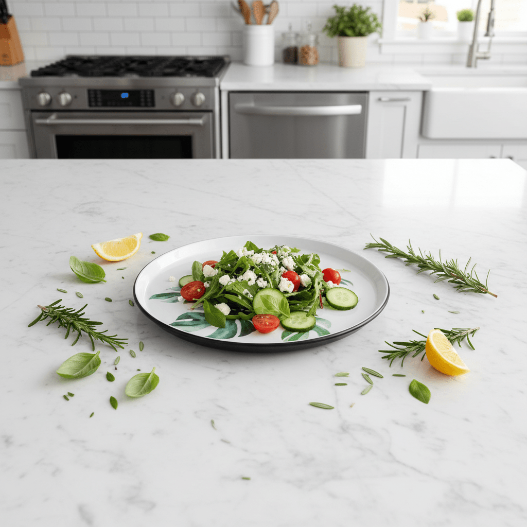 Royalford Melamine Salad Plate | Black Rim with Green Botanical Leaf Design 9-Inch - Al Kabayel Discount CentreRoyalford Melamine Salad Plate | Black Rim with Green Botanical Leaf Design 9-InchPlatesROYALFORDAl Kabayel Discount Centre