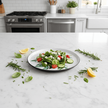 Royalford Melamine Salad Plate | Black Rim with Green Botanical Leaf Design 9-Inch - Al Kabayel Discount CentreRoyalford Melamine Salad Plate | Black Rim with Green Botanical Leaf Design 9-InchPlatesROYALFORDAl Kabayel Discount Centre