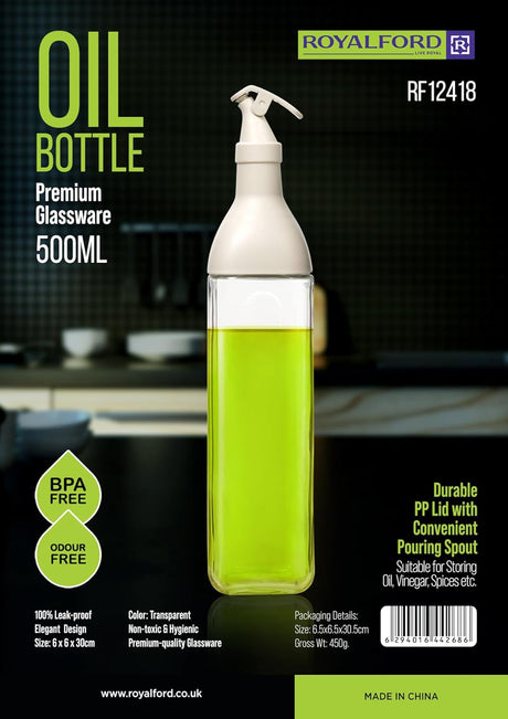 Royalford Oil Bottle 500ml, Premium Glassware, Multipurpose Dispenser Bottle, RF12418 - Al Kabayel Discount CentreRoyalford Oil Bottle 500ml, Premium Glassware, Multipurpose Dispenser Bottle, RF12418Cookware AccessoriesROYALFORDAl Kabayel Discount Centre