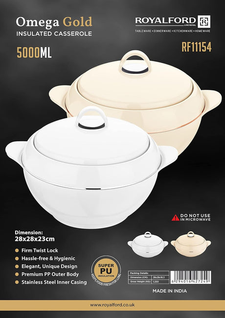 Royalford Omega Gold Series 5000ML Insulated Casserole RF11154 – Elegant White Design for Long - Lasting Heat Retention - Al Kabayel Discount CentreRoyalford Omega Gold Series 5000ML Insulated Casserole RF11154 – Elegant White Design for Long - Lasting Heat RetentionCasserolesROYALFORDAl Kabayel Discount Centre
