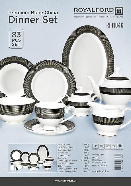 Royalford Premium Bone China Dinner Set, 83 Pcs Set, RF11046 Elegant Floral Design Dishwasher Safe Freezer Safe Bone China Chin Resistant Dishes Sets Service for 12 - Al Kabayel Discount CentreRoyalford Premium Bone China Dinner Set, 83 Pcs Set, RF11046 Elegant Floral Design Dishwasher Safe Freezer Safe Bone China Chin Resistant Dishes Sets Service for 12Dinnerware SetsROYALFORDAl Kabayel Discount Centre