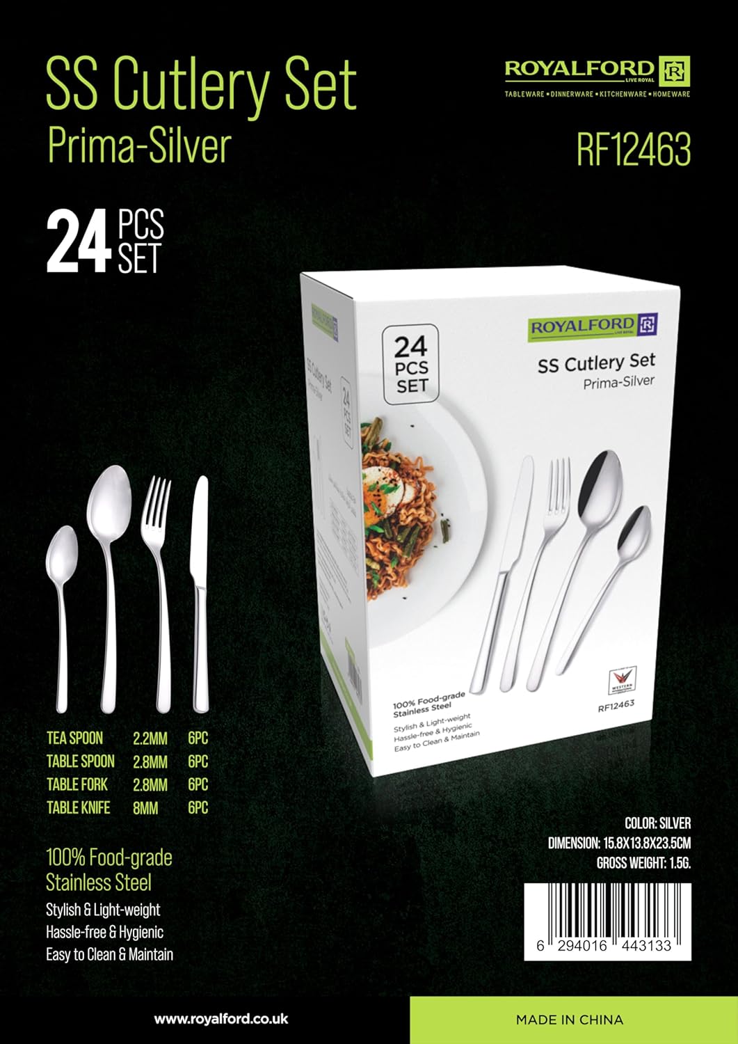 Royalford Prima - Siver 24pcs Stainless Steel Cutlery Set (Tea Spoon - 6pc, Table Spoon - 6pc, Table Fork - 6pc, Table Knife - 6pc), RF12463 - Al Kabayel Discount CentreRoyalford Prima - Siver 24pcs Stainless Steel Cutlery Set (Tea Spoon - 6pc, Table Spoon - 6pc, Table Fork - 6pc, Table Knife - 6pc), RF12463Cookware AccessoriesROYALFORDAl Kabayel Discount Centre