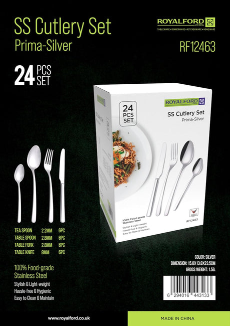 Royalford Prima - Siver 24pcs Stainless Steel Cutlery Set (Tea Spoon - 6pc, Table Spoon - 6pc, Table Fork - 6pc, Table Knife - 6pc), RF12463 - Al Kabayel Discount CentreRoyalford Prima - Siver 24pcs Stainless Steel Cutlery Set (Tea Spoon - 6pc, Table Spoon - 6pc, Table Fork - 6pc, Table Knife - 6pc), RF12463Cookware AccessoriesROYALFORDAl Kabayel Discount Centre