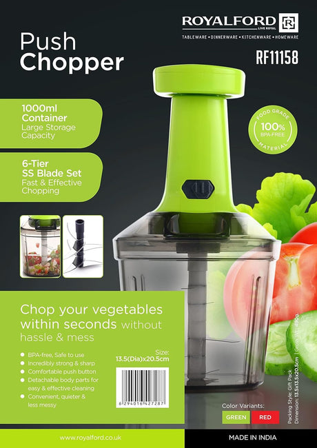 RoyalFord Push Chopper RF11158 Compact Chopper with 6 Blades Suitable BPA Free - 1000ML - Al Kabayel Discount CentreRoyalFord Push Chopper RF11158 Compact Chopper with 6 Blades Suitable BPA Free - 1000MLKitchen Utensils & GadgetsROYALFORDAl Kabayel Discount Centre