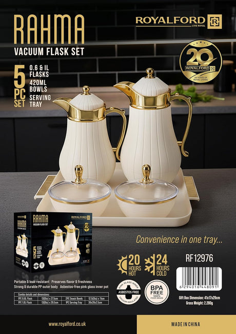 Royalford Rahma 5-Piece Vacuum Flask Set (RF12976) – Ivory & Gold - Al Kabayel Discount CentreRoyalford Rahma 5-Piece Vacuum Flask Set (RF12976) – Ivory & GoldThermosROYALFORDAl Kabayel Discount Centre