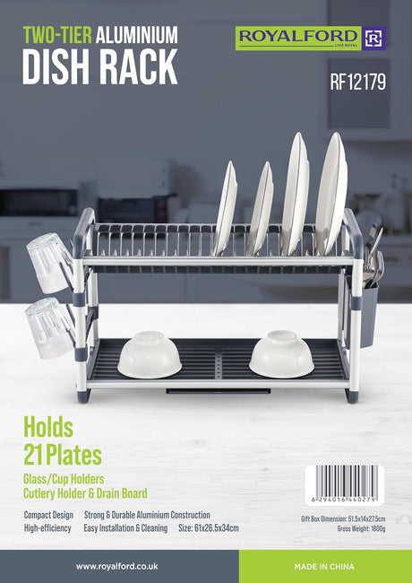 ROYALFORD RF12179 2 - Tier Aluminum Dish Rack – Large 21 Plate Capacity Kitchen Organizer, Rustproof Drainer Stand for Countertop - Al Kabayel Discount CentreROYALFORD RF12179 2 - Tier Aluminum Dish Rack – Large 21 Plate Capacity Kitchen Organizer, Rustproof Drainer Stand for CountertopOrganizers & AccessoriesROYALFORDAl Kabayel Discount Centre