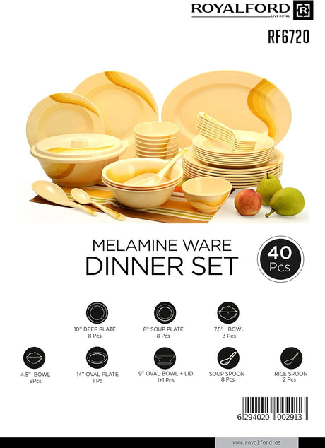 Royalford RF6720 40-Piece Melamine Ware Dinner Set - Al Kabayel Discount CentreRoyalford RF6720 40-Piece Melamine Ware Dinner SetDinnerware SetsROYALFORDAl Kabayel Discount Centre
