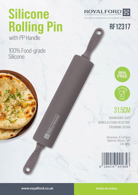 Royalford Rolling Pin RF12317 Non - Stick Silicone with PP Handle for Flour Dough, Pastry Roller baking Tools 100% Food Grade Dishwasher Safe marks and Stains resistant - 31.5CM - Al Kabayel Discount CentreRoyalford Rolling Pin RF12317 Non - Stick Silicone with PP Handle for Flour Dough, Pastry Roller baking Tools 100% Food Grade Dishwasher Safe marks and Stains resistant - 31.5CMKitchen Utensils & GadgetsROYALFORDAl Kabayel Discount Centre