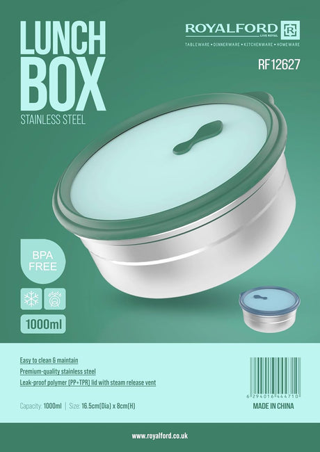 ROYALFORD Stainless Steel Round Lunch Box 1000ml, Green - RF12627 - Al Kabayel Discount CentreROYALFORD Stainless Steel Round Lunch Box 1000ml, Green - RF12627Food ContainersROYALFORDAl Kabayel Discount Centre