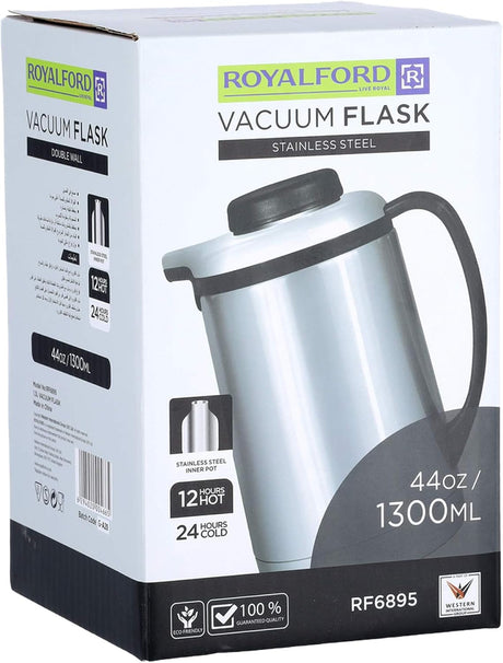 Royalford Stainless Steel Vaccum Flask 1300ml, Stainless Steel Inner Pot, Strong & Durable Design, 12hr Hot - 24hr Cold - RF6895 - Al Kabayel Discount CentreRoyalford Stainless Steel Vaccum Flask 1300ml, Stainless Steel Inner Pot, Strong & Durable Design, 12hr Hot - 24hr Cold - RF6895ThermosROYALFORDAl Kabayel Discount Centre