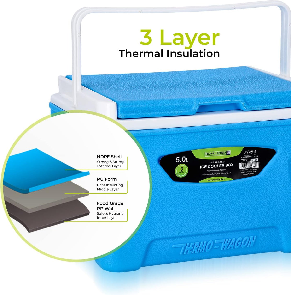 Royalford Thermo - Wagon Insulated Ice Cooler Box 5L, 3 - Layer PP - PU - HDPE Thermal Insulation, Blue - RF10477 - Al Kabayel Discount CentreRoyalford Thermo - Wagon Insulated Ice Cooler Box 5L, 3 - Layer PP - PU - HDPE Thermal Insulation, Blue - RF10477CoolersROYALFORDAl Kabayel Discount Centre