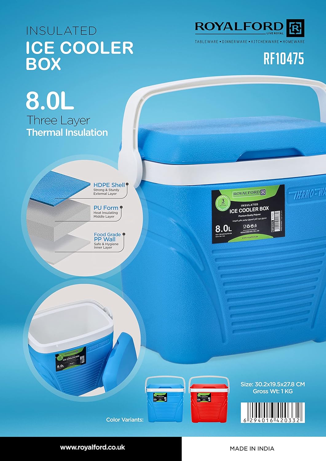 Royalford Thermo - Wagon Insulated Ice Cooler Box 8.0L, 3 - Layer PP - PU - HDPE Thermal Insulation, Blue - RF10475 - Al Kabayel Discount CentreRoyalford Thermo - Wagon Insulated Ice Cooler Box 8.0L, 3 - Layer PP - PU - HDPE Thermal Insulation, Blue - RF10475CoolersROYALFORDAl Kabayel Discount Centre