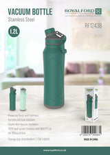 Royalford Water Bottle RF12438 Stainless Steel Double Wall Insulated thermos Bottle Hot Cold Water Flask Sports Bottle for Indoor and Outdoor Unbreakable Leak proof Light weight Assorted Colors - 1200ML - Al Kabayel Discount CentreRoyalford Water Bottle RF12438 Stainless Steel Double Wall Insulated thermos Bottle Hot Cold Water Flask Sports Bottle for Indoor and Outdoor Unbreakable Leak proof Light weight Assorted Colors - 1200MLWater BottlesROYALFORDAl Kabayel Discount Centre