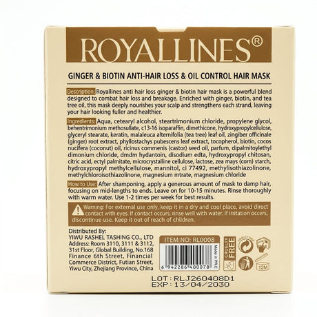 Royallines Ginger & Biotin Anti-Hair Loss & Oil Control Hair Mask – 450ml - Al Kabayel Discount CentreRoyallines Ginger & Biotin Anti-Hair Loss & Oil Control Hair Mask – 450mlHair MasksROYALLINESAl Kabayel Discount Centre