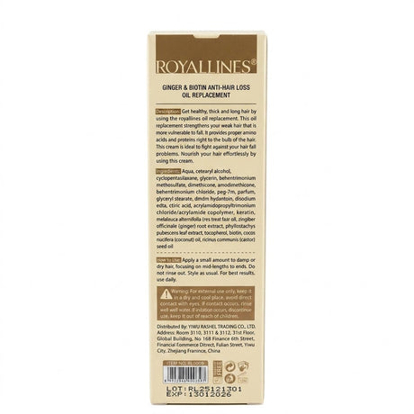 Royallines Ginger & Biotin Anti-Hair Loss Oil Replacement – 250ml - Al Kabayel Discount CentreRoyallines Ginger & Biotin Anti-Hair Loss Oil Replacement – 250mlHair CareROYALLINESAl Kabayel Discount Centre