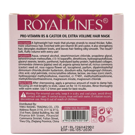 Royallines Pro-Vitamin B5 & Castor Oil Extra Volume Hair Mask 450ml - Al Kabayel Discount CentreRoyallines Pro-Vitamin B5 & Castor Oil Extra Volume Hair Mask 450mlHair MasksROYALLINESAl Kabayel Discount Centre