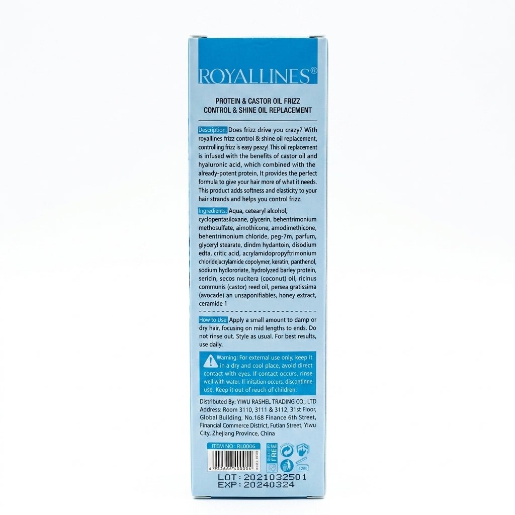 Royallines Protein & Castor Oil Frizz Control & Shine Oil Replacement – 250ml - Al Kabayel Discount CentreRoyallines Protein & Castor Oil Frizz Control & Shine Oil Replacement – 250mlHair CareROYALLINESAl Kabayel Discount Centre