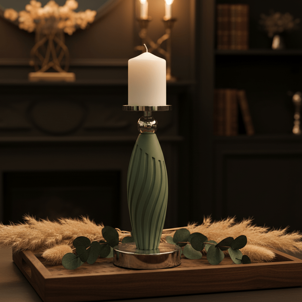 Sage Green Plastic & Metal Textured Pillar Candle Holder with Chrome Accents – 22.5cm - Al Kabayel Discount CentreSage Green Plastic & Metal Textured Pillar Candle Holder with Chrome Accents – 22.5cmHome Décor AccentsAKDCAl Kabayel Discount Centre