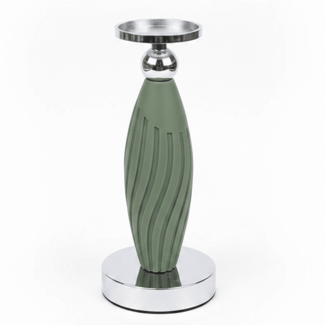 Sage Green Plastic & Metal Textured Pillar Candle Holder with Chrome Accents – 22.5cm - Al Kabayel Discount CentreSage Green Plastic & Metal Textured Pillar Candle Holder with Chrome Accents – 22.5cmHome Décor AccentsAKDCAl Kabayel Discount Centre