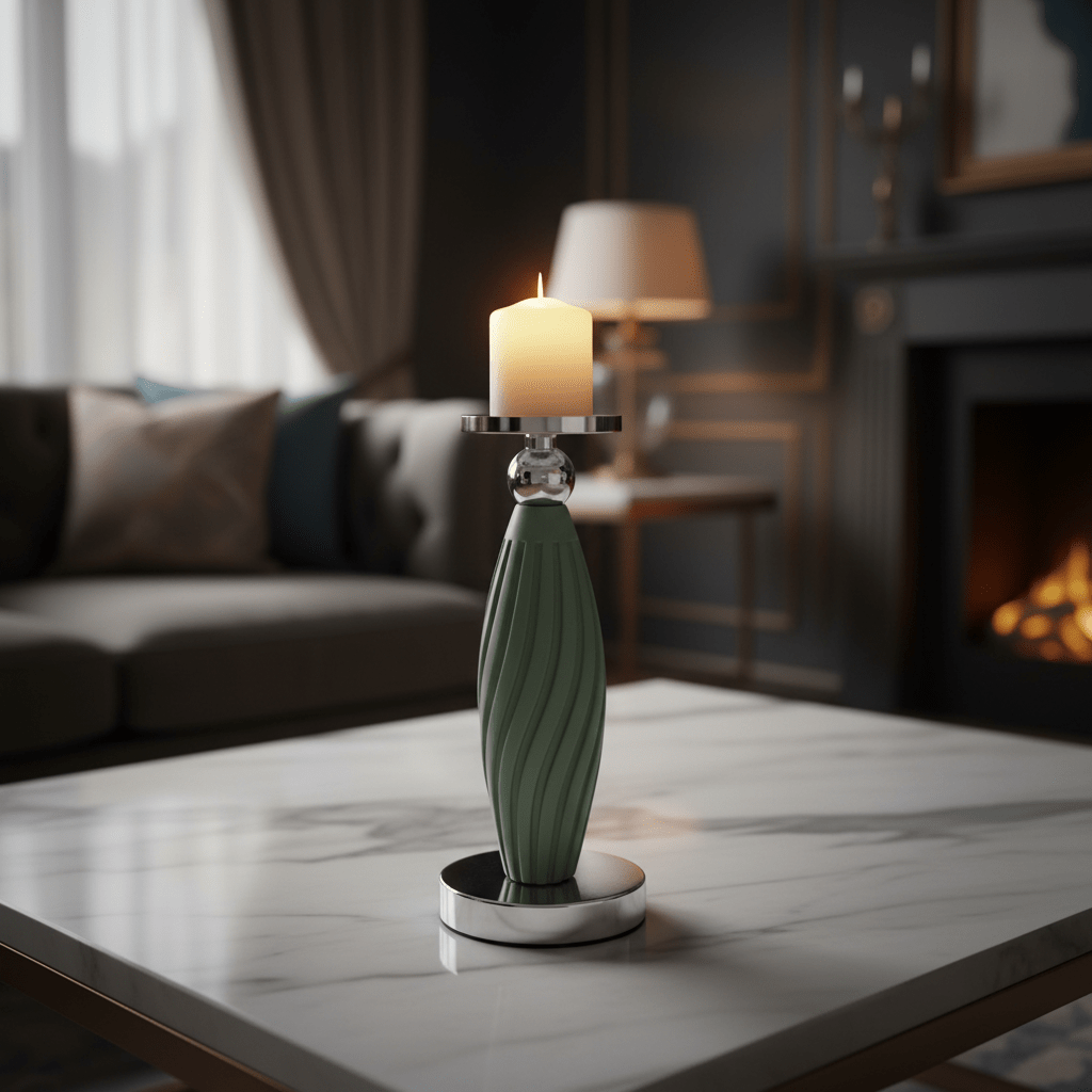 Sage Green Plastic & Metal Textured Pillar Candle Holder with Chrome Accents – 22.5cm - Al Kabayel Discount CentreSage Green Plastic & Metal Textured Pillar Candle Holder with Chrome Accents – 22.5cmHome Décor AccentsAKDCAl Kabayel Discount Centre