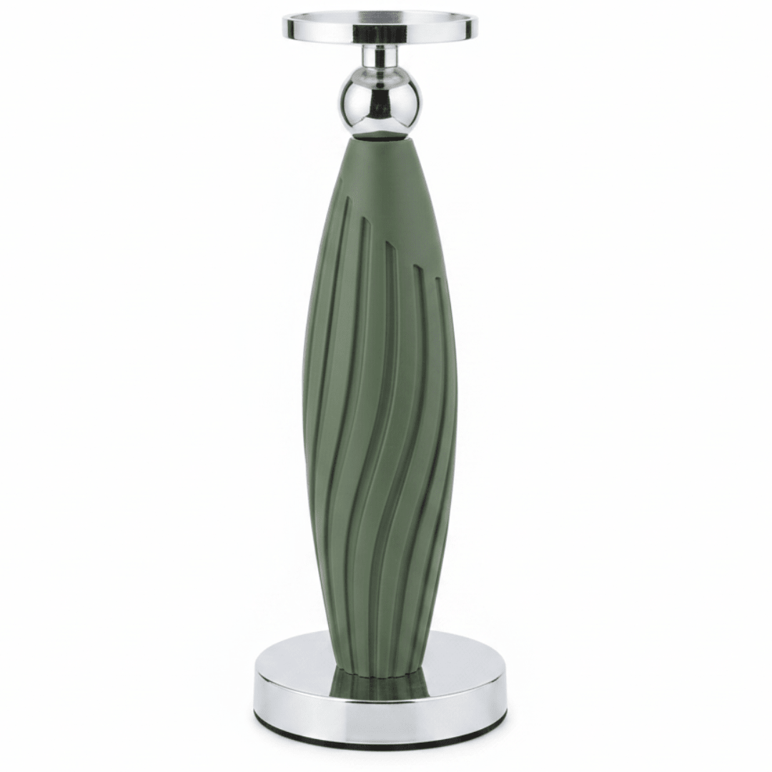 Sage Green Plastic & Metal Textured Pillar Candle Holder with Chrome Accents – 29cm - Al Kabayel Discount CentreSage Green Plastic & Metal Textured Pillar Candle Holder with Chrome Accents – 29cmHome Décor AccentsAKDCAl Kabayel Discount Centre