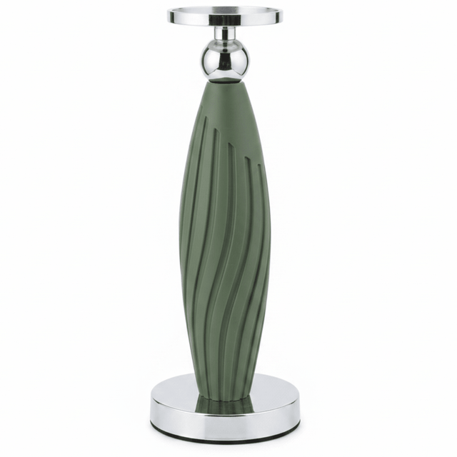 Sage Green Plastic & Metal Textured Pillar Candle Holder with Chrome Accents – 29cm - Al Kabayel Discount CentreSage Green Plastic & Metal Textured Pillar Candle Holder with Chrome Accents – 29cmHome Décor AccentsAKDCAl Kabayel Discount Centre