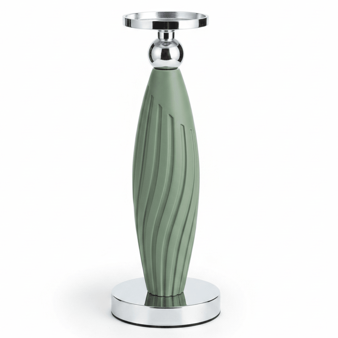 Sage Green Plastic & Metal Textured Pillar Candle Holder with Chrome Accents – 29cm - Al Kabayel Discount CentreSage Green Plastic & Metal Textured Pillar Candle Holder with Chrome Accents – 29cmHome Décor AccentsAKDCAl Kabayel Discount Centre