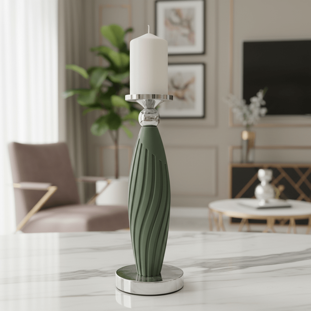 Sage Green Plastic & Metal Textured Pillar Candle Holder with Chrome Accents – 29cm - Al Kabayel Discount CentreSage Green Plastic & Metal Textured Pillar Candle Holder with Chrome Accents – 29cmHome Décor AccentsAKDCAl Kabayel Discount Centre
