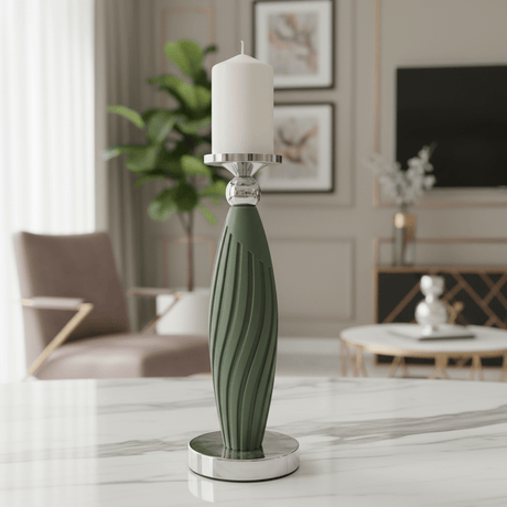 Sage Green Plastic & Metal Textured Pillar Candle Holder with Chrome Accents – 29cm - Al Kabayel Discount CentreSage Green Plastic & Metal Textured Pillar Candle Holder with Chrome Accents – 29cmHome Décor AccentsAKDCAl Kabayel Discount Centre