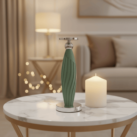 Sage Green Plastic & Metal Textured Pillar Candle Holder with Chrome Accents – 29cm - Al Kabayel Discount CentreSage Green Plastic & Metal Textured Pillar Candle Holder with Chrome Accents – 29cmHome Décor AccentsAKDCAl Kabayel Discount Centre