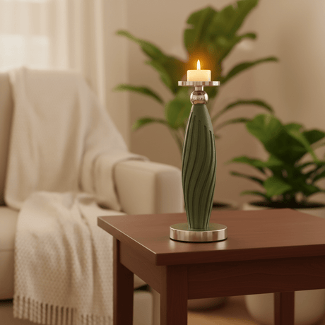 Sage Green Plastic & Metal Textured Pillar Candle Holder with Chrome Accents – 29cm - Al Kabayel Discount CentreSage Green Plastic & Metal Textured Pillar Candle Holder with Chrome Accents – 29cmHome Décor AccentsAKDCAl Kabayel Discount Centre