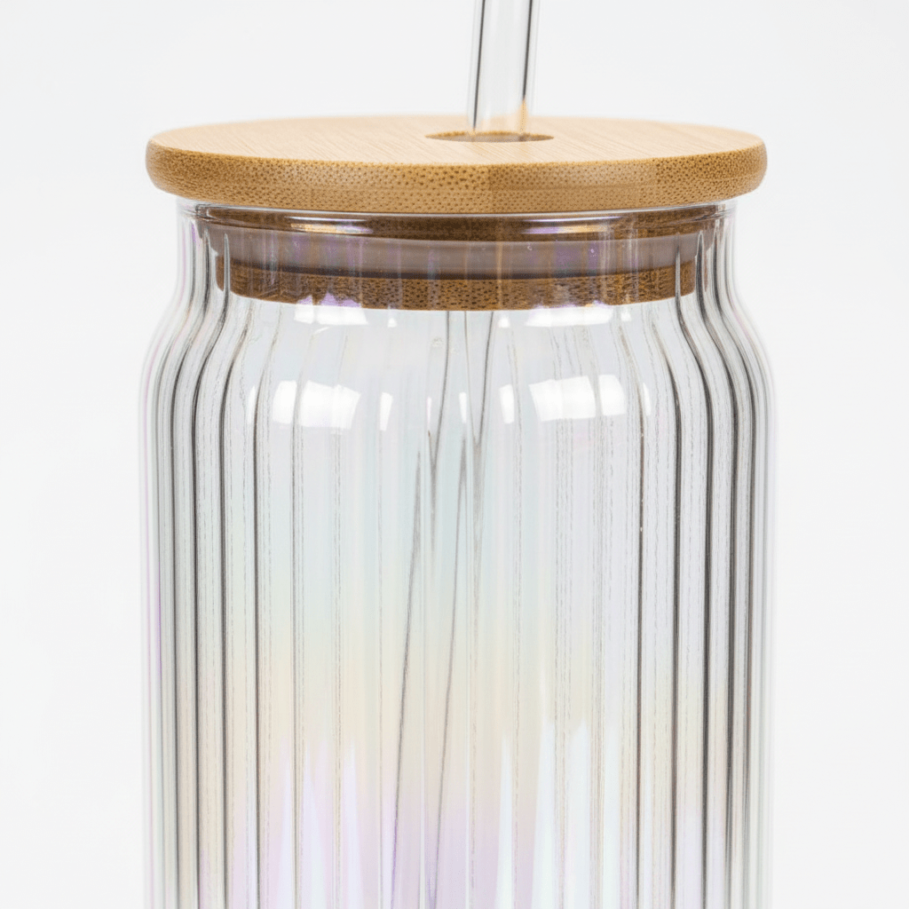 Sakha Iridescent Ribbed Glass Jar with Bamboo Lid & Glass Straw — 470ml - Al Kabayel Discount CentreSakha Iridescent Ribbed Glass Jar with Bamboo Lid & Glass Straw — 470mlMugsSAKHAAl Kabayel Discount Centre