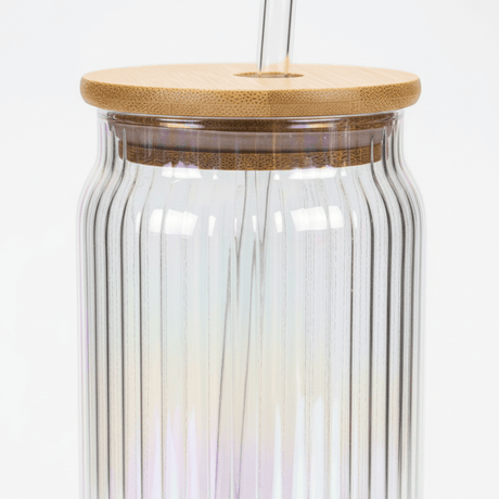 Sakha Iridescent Ribbed Glass Jar with Bamboo Lid & Glass Straw — 470ml - Al Kabayel Discount CentreSakha Iridescent Ribbed Glass Jar with Bamboo Lid & Glass Straw — 470mlMugsSAKHAAl Kabayel Discount Centre