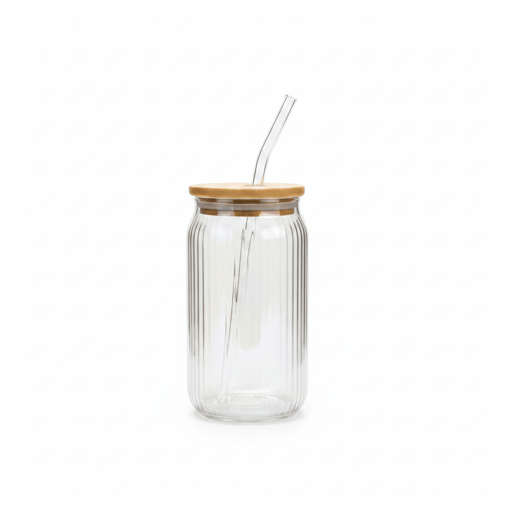 Sakha Iridescent Ribbed Glass Jar with Bamboo Lid & Glass Straw — 470ml - Al Kabayel Discount CentreSakha Iridescent Ribbed Glass Jar with Bamboo Lid & Glass Straw — 470mlMugsSAKHAAl Kabayel Discount Centre