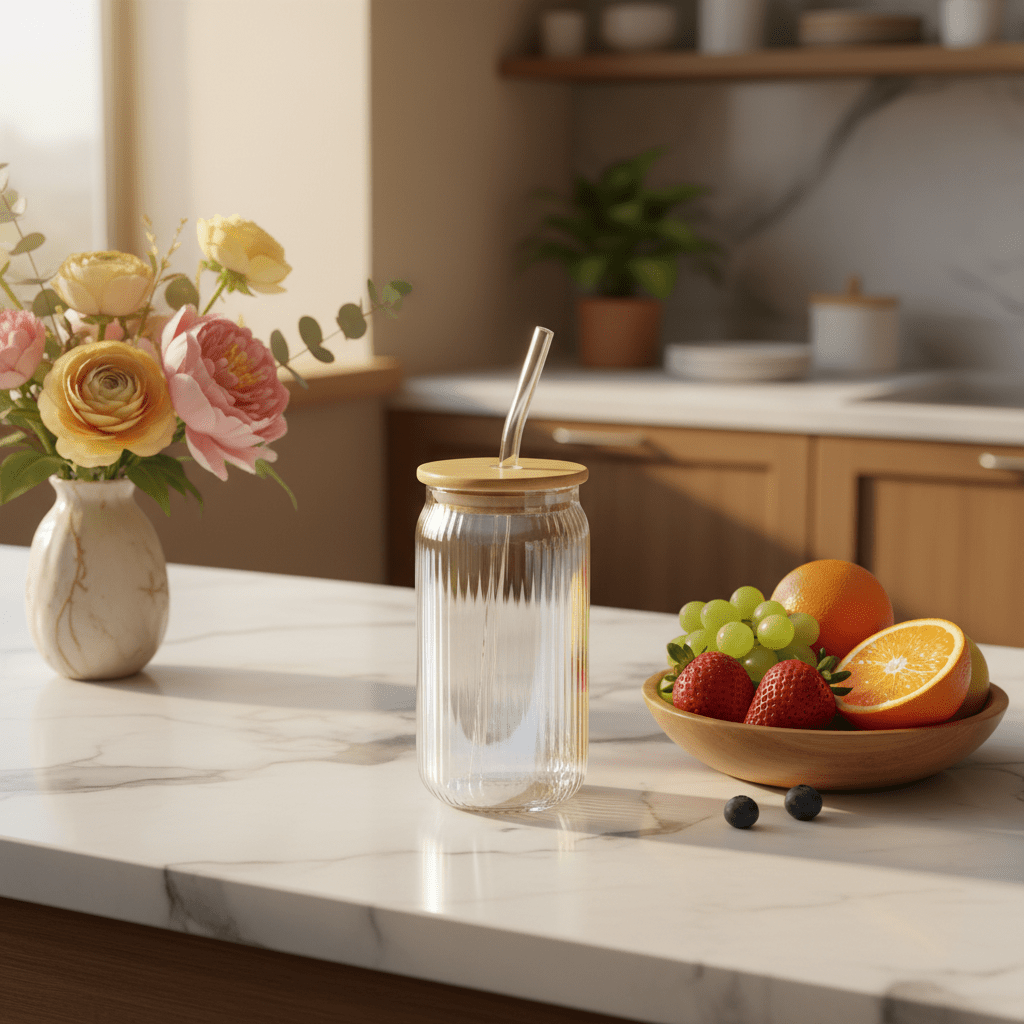 Sakha Iridescent Ribbed Glass Jar with Bamboo Lid & Glass Straw — 470ml - Al Kabayel Discount CentreSakha Iridescent Ribbed Glass Jar with Bamboo Lid & Glass Straw — 470mlMugsSAKHAAl Kabayel Discount Centre