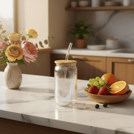 Sakha Iridescent Ribbed Glass Jar with Bamboo Lid & Glass Straw — 470ml - Al Kabayel Discount CentreSakha Iridescent Ribbed Glass Jar with Bamboo Lid & Glass Straw — 470mlMugsSAKHAAl Kabayel Discount Centre