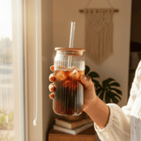 Sakha Iridescent Ribbed Glass Jar with Bamboo Lid & Glass Straw — 470ml - Al Kabayel Discount CentreSakha Iridescent Ribbed Glass Jar with Bamboo Lid & Glass Straw — 470mlMugsSAKHAAl Kabayel Discount Centre