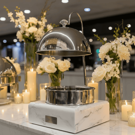 Satin Premium Stainless Steel Chafing Dish with Durable White Melamine Base Catering Buffet Warmer 4.5L - Al Kabayel Discount CentreSatin Premium Stainless Steel Chafing Dish with Durable White Melamine Base Catering Buffet Warmer 4.5LWarmersSATINAl Kabayel Discount Centre