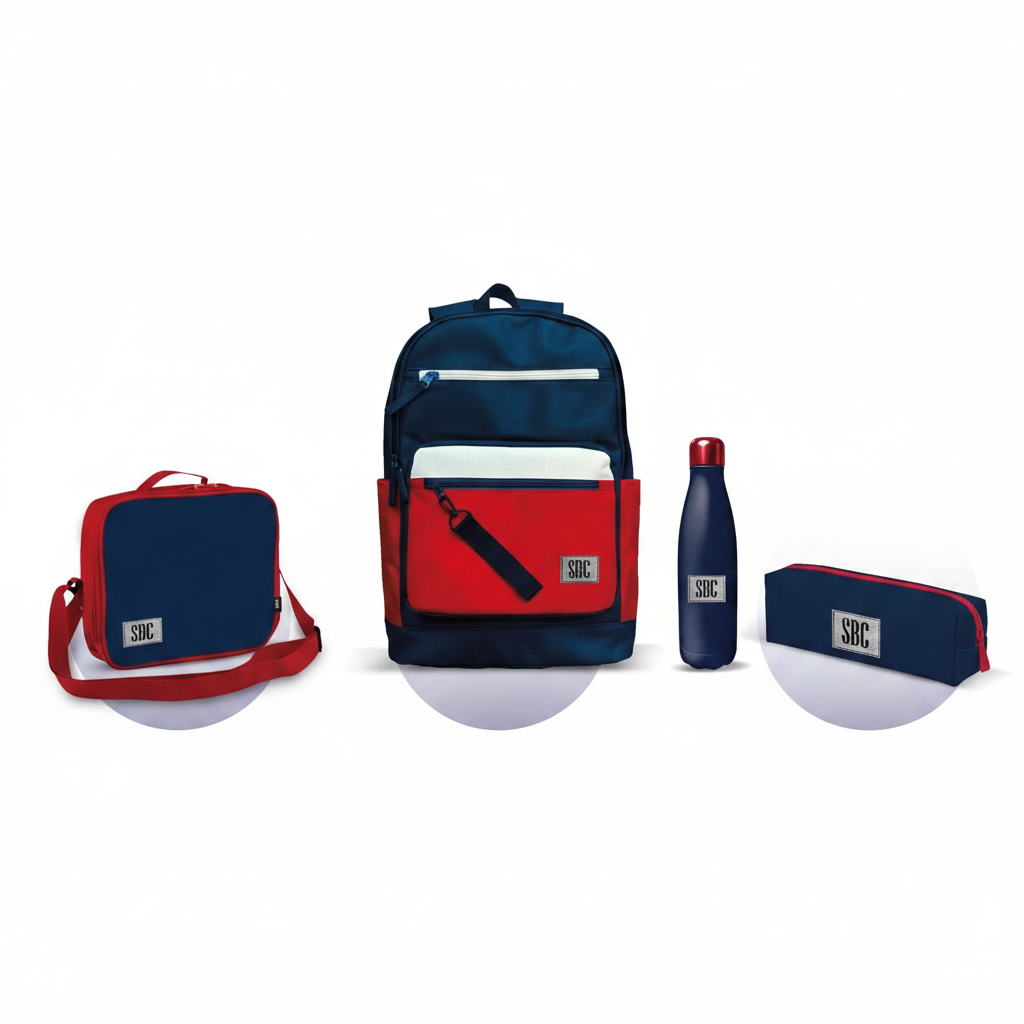 SBC Luxury 4-in-1 School Backpack Set 17" – Navy Blue & Red (Backpack + Lunch Bag + Water Bottle + Pencil Case)