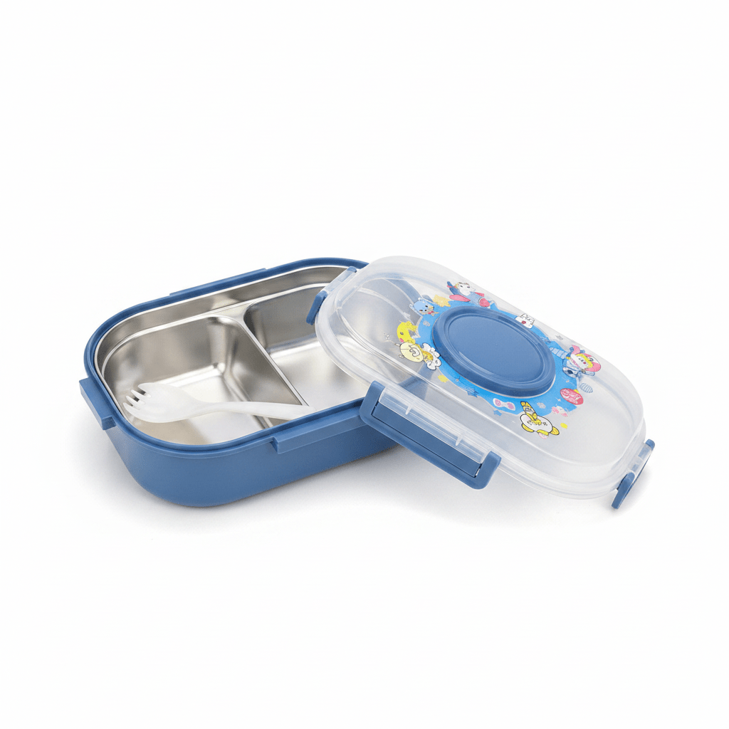 SBC Blue 2-Section Stainless Steel Kids Lunch Box with Spoon - 20×13 cm - Al Kabayel Discount CentreSBC Blue 2-Section Stainless Steel Kids Lunch Box with Spoon - 20×13 cmLunch BoxSBCAl Kabayel Discount Centre