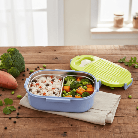 SBC Blue & Green 2-Section Stainless Steel Lunch Box with Spoon – 23×16cm - Al Kabayel Discount CentreSBC Blue & Green 2-Section Stainless Steel Lunch Box with Spoon – 23×16cmLunch BoxSBCAl Kabayel Discount Centre