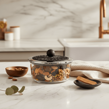 SBTC Glass Container with Metal Holder – Premium Silver & Black Finish, Storage Jar for Dry Fruits, Candy & Snacks, 20 × 8 cm - Al Kabayel Discount CentreSBTC Glass Container with Metal Holder – Premium Silver & Black Finish, Storage Jar for Dry Fruits, Candy & Snacks, 20 × 8 cmJars & Food SaversSBTCAl Kabayel Discount Centre