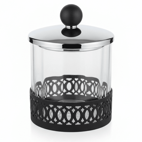 SBTC Glass Container with Metal Holder – Silver & Black Luxury Finish, Multipurpose Storage Jar, 4 × 4 Inch - Al Kabayel Discount CentreSBTC Glass Container with Metal Holder – Silver & Black Luxury Finish, Multipurpose Storage Jar, 4 × 4 InchJars & Food SaversSBTCAl Kabayel Discount Centre